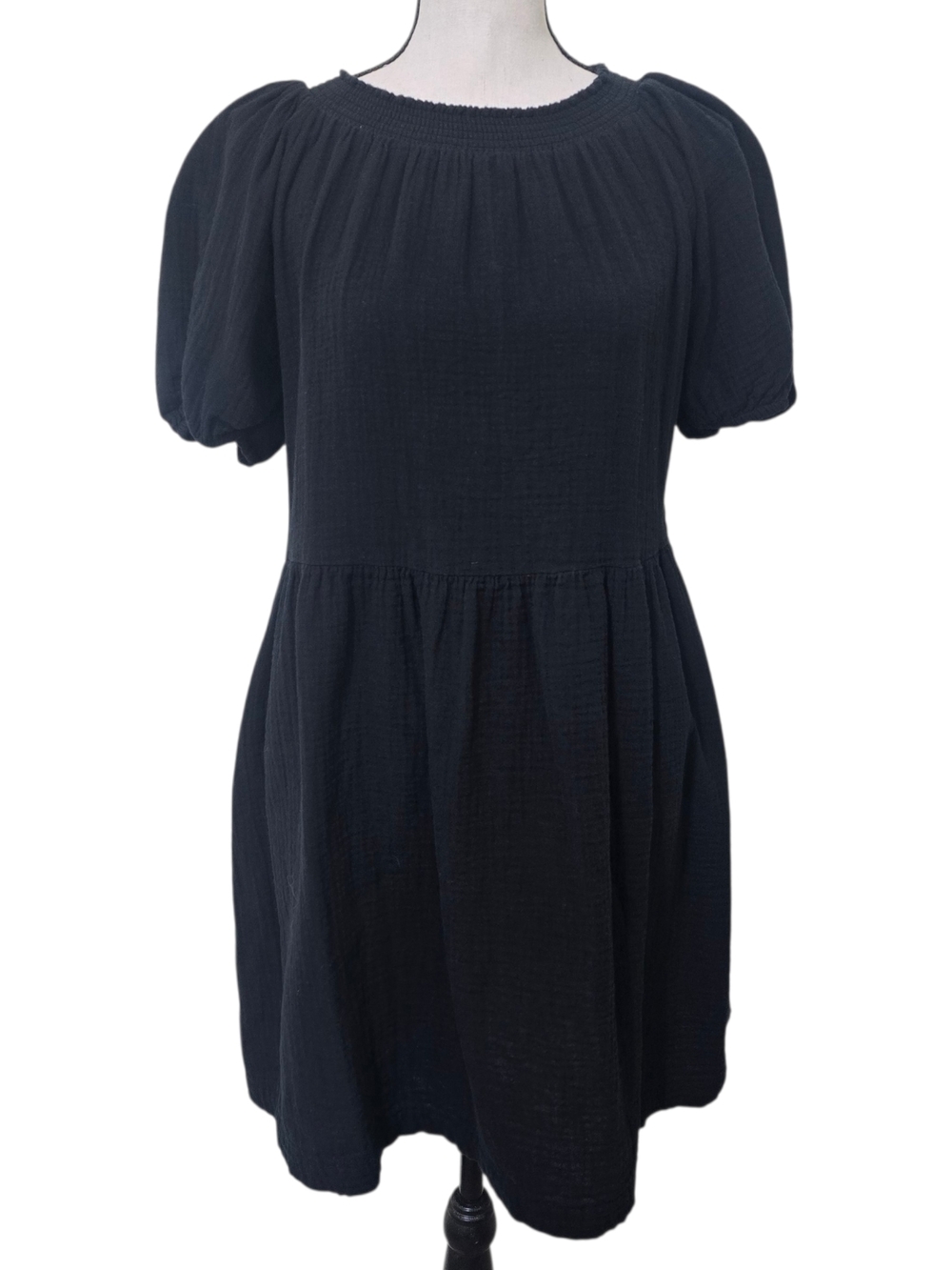 Universal Thread Black Gauzy Cotton Peasant Babydoll Dress Pockets Small LBD